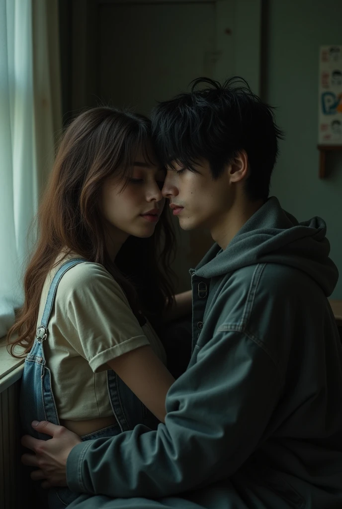 A brown haired girl e girl kissing a pale and tired black haired boy wearing baggy clothes