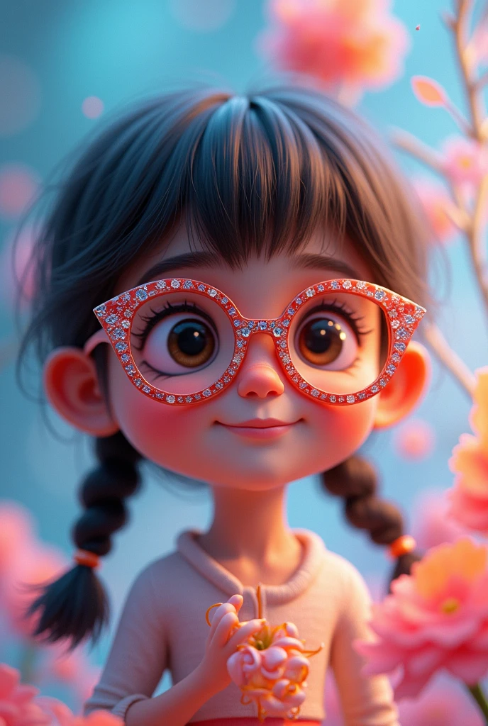 A 3D image of a child wearing beautiful glasses. The image combines different colors and the colors black and white.