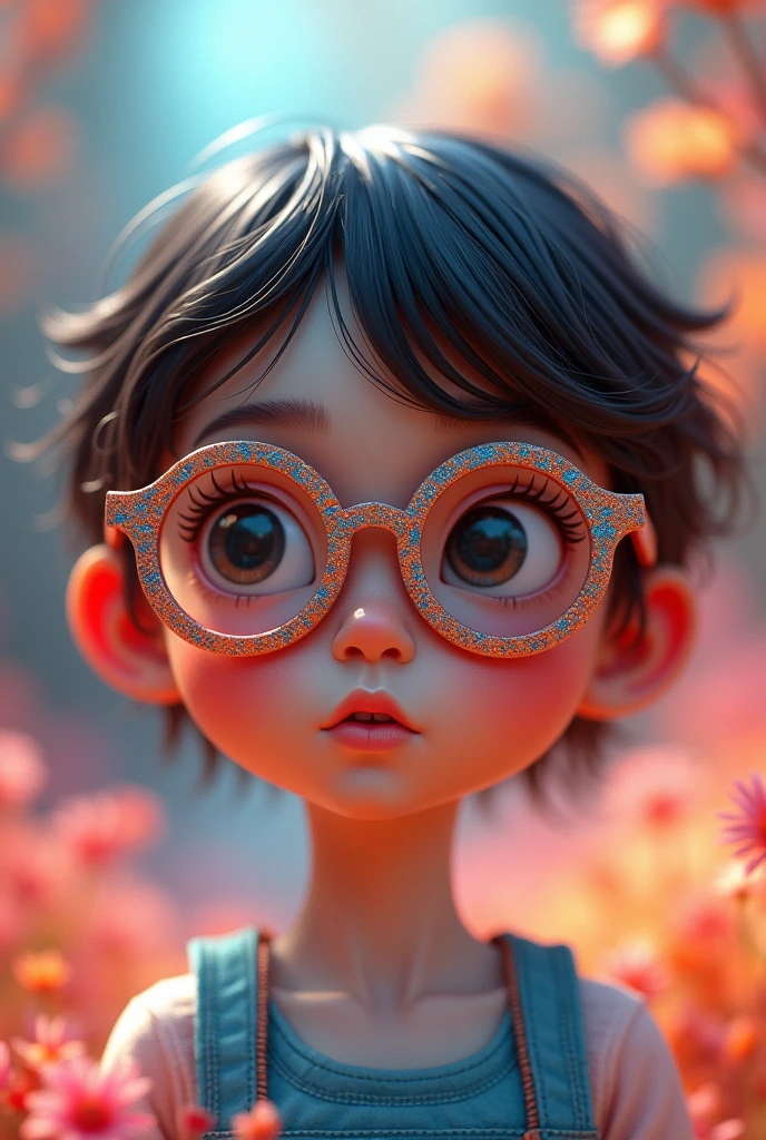 A 3D image of a child wearing beautiful glasses. The image combines different colors and the colors black and white.