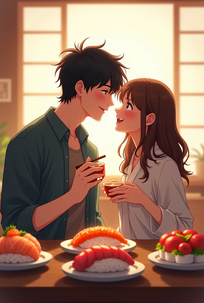Tall boyfriend, Black Hair, Brown-haired girlfriend,Eating anime-style sushi,They seem to be having fun.
