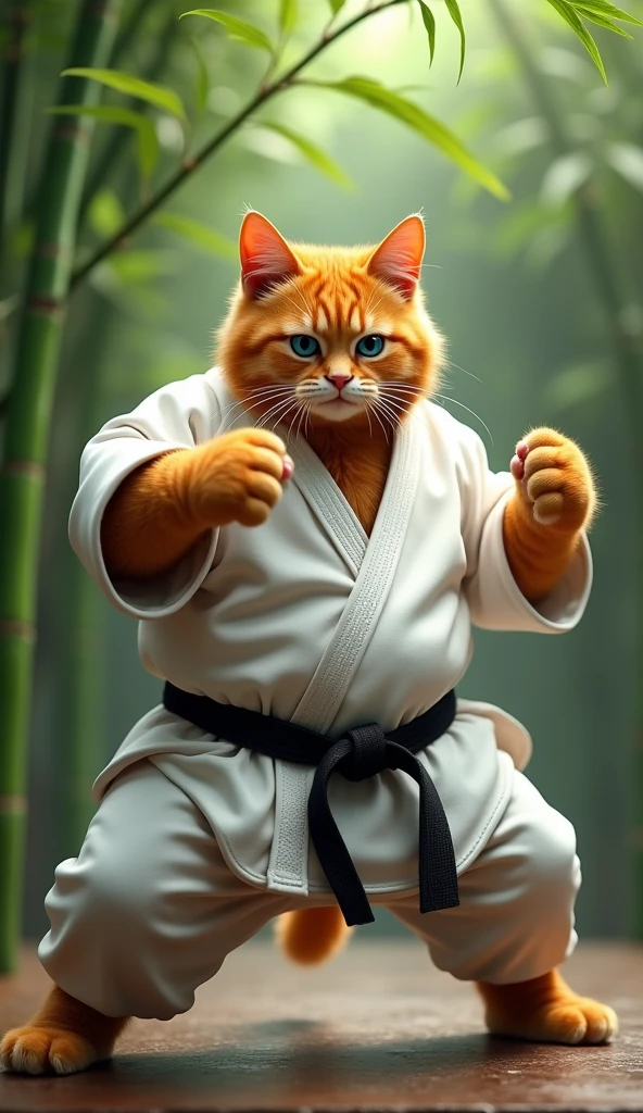 Make a picture of a fat obese orange cat, blue eyes, wear karate clothes, is doing a punching motion facing the camera, with a green bamboo tree garden background, full body, wide, super realistic 8k images