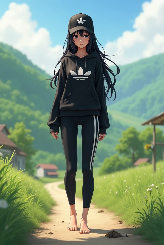 (photorealism:1.2), sexy anime girl, long black hair, black eyes, barefoot, wear black adidas cap, wear black adidas hood, wear black adidas hot pants, background is countryside, stepped on dog poop