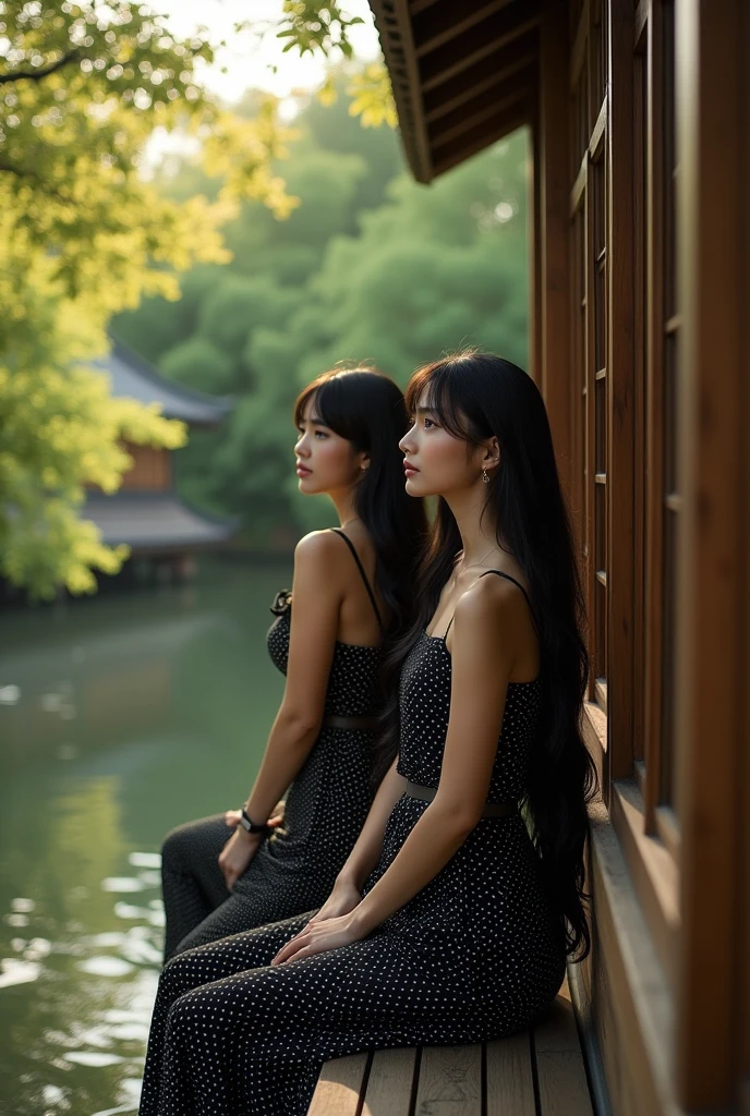 high quality, 8K Ultra HD, unique portrait, a wooden house contains a 3 curvy Asian woman, with long wavy black hair, wearing a black polka dot dress, looking out of the window, the house is above the river, green trees, sunlight penetrates through the gaps in the vegetation of the trees