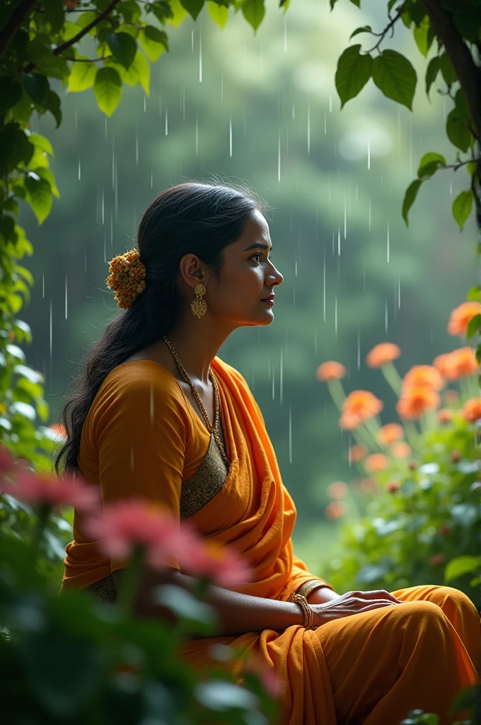 A Indian ledy sit in a garden back side photo with sadhow and rainfall