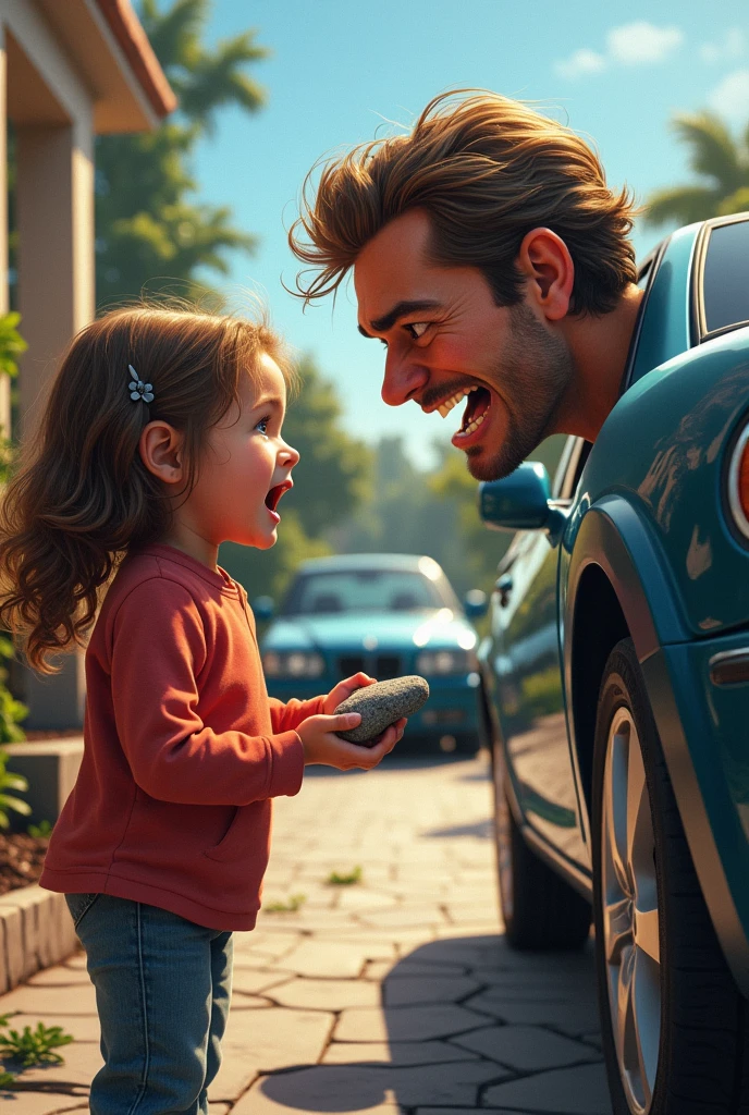 The man's face contorts in anger and shock as he notices his daughter cutting into the car's paint with a stone, leading to a moment of realization and regret.