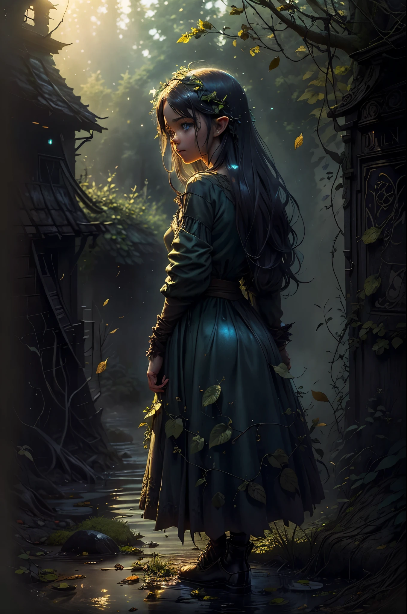 (Realystic:1.4), analog photo style, depths of field, (dark-haired Lightfoot Halfling with blue eyes, naked), (small leaves and insects got tangled in wet hair), wide waist, (her full body is a visual pleasure), view from above, extremely sexy, dark fantasy atmosphere, deep shadows with the some sun rays, a delicate balance between reality and fantastic, faded colours, great quality, Masterpiece, blurred gloomy background, naturally cinematic light, 16k quality, kodak porta 400, bokeh.