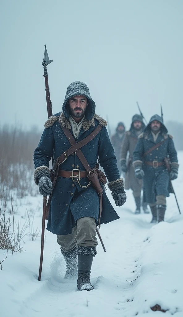 Winter in December 1812, the period of the Napoleonic wars, Napoleon's soldiers fighting the appalling cold in the Russian Empire, cold winter, snowstorm, -35 degrees Celsius, muted colours, 