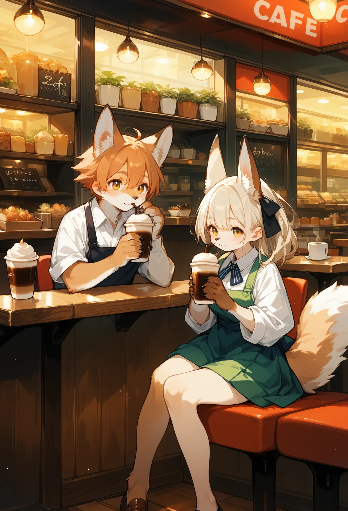 rating_safe, score_9, score_8_up, score_7_up, score_6_up, score_5_up, score_4_up, hires, source_furry(kemono, boy, girl)cafe Terrace, drink, coffee, staff,