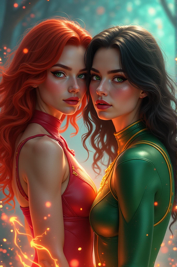 She is a white-skinned woman with short red hair that reaches her chin, has green eyes, and has firepower. Next to him is his girlfriend, who has white skin, brown eyes and a clean, beardless face. They both have superpowers and they look after each other