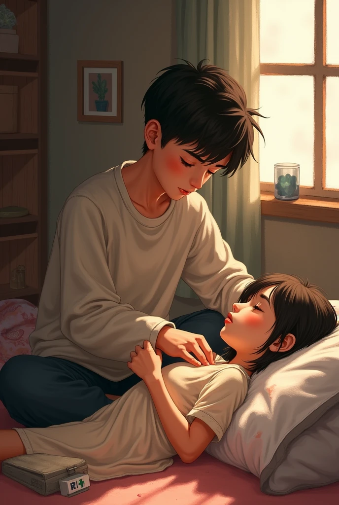 a protective sibling caring for his injured sister 