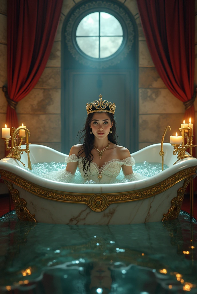 A regal medieval queen in a serene yet surreal setting, submerged in a grand, ornate bathtub filled with water that mirrors the opulence of her surroundings. The queen's hair, adorned with pearls and gold threads, floats around her like an ethereal halo, while her royal gown, a tapestry of velvets and silks, billows beneath the water's surface. Her crown, slightly askew, is nestled at the edge of the tub, allowing her to maintain a direct gaze at the viewer. The room is bathed in soft candlelight, casting warm shadows across the gilded fixtures and intricate tapestries that cover the stone walls. The tub itself is carved from a single piece of marble, with intricate designs of mythical creatures and floral patterns etched into its sides. Above the queen, a heavy velvet curtain is drawn back to reveal an arched window, through which moonlight streams in, creating a stark contrast with the candlelit scene below. The water in the tub is infused with a mysterious luminescence, hinting at the presence of magical elements or precious oils. Despite being fully submerged, the queen seems unfazed, almost as if she is in a tranquil state of meditation or communion with the water. Her serene expression and the luxuriousness of the scene suggest a moment of private relaxation, yet her posture and the grandeur of the setting maintain an air of nobility and power. The scene is a captivating blend of historical opulence and fantastical ambiance, inviting the viewer to ponder the secrets and rituals that might have been a part of a medieval queen's personal sanctuary.