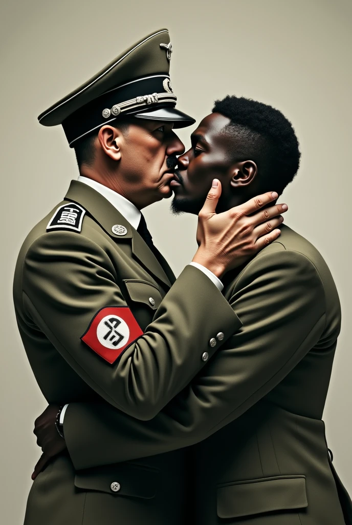 Hitler in his Nazi uniform with the swastika and cap kissing a black man