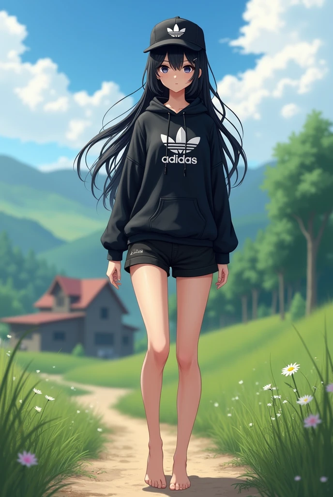 (photorealism:1.2), sexy anime girl, long black hair, black eyes, barefoot, wear black adidas cap, wear black adidas hood, wear black adidas short hot pants, background is countryside, stepped on dog poop