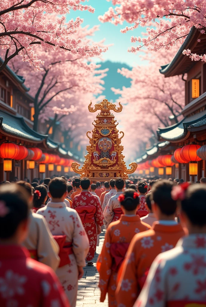 a festival in japan, traditional japanese festival, colorful japanese lanterns, people wearing kimonos, people carrying mikoshi, detailed crowd of people, detailed traditional japanese architecture, detailed japanese cherry blossoms, cinematic lighting, vibrant colors, intricate details, masterpiece, 8k, high quality, ultra-detailed, photorealistic