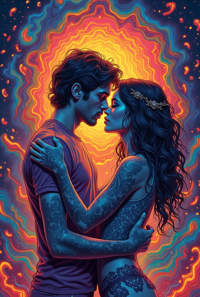 Psychedelic music album cover with 2 people in love and high in purple 