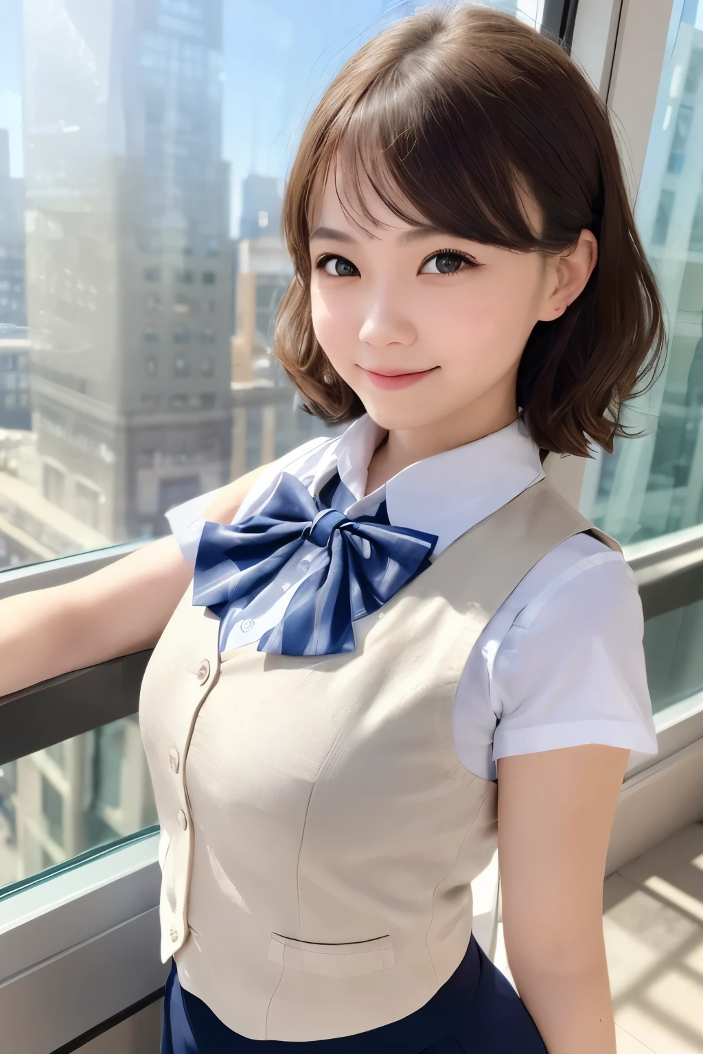 1girl, matured female, vest, bow, photo, realistic, best quality, hires, detailed face, office, buildings from window, detailed background, diffused sunlight, depth of field, bokeh