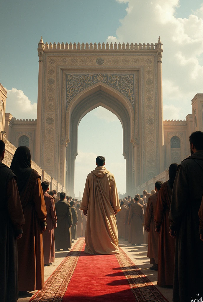 Man in the background of the gate of the palace wall in the distance in contrast man being admired by people Middle Persia