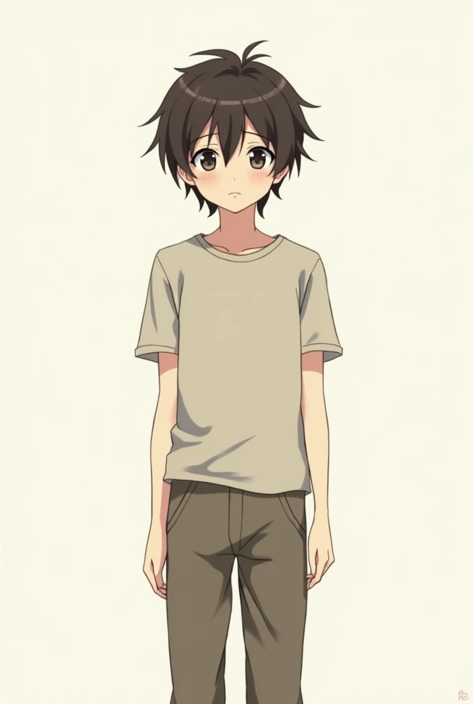 Anime boy with dark brown hair looking at the camera with his whole body and hands down