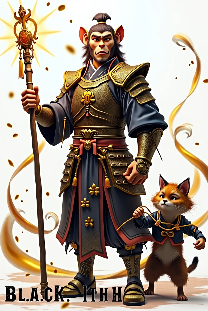 letter "black myth" written in large letters at the bottom of the screen, Full body view, ((masterpiece, best quality, Highest image quality, high resolution, Reality, RAW photos, 8K)), ((Extremely detailed CG unified 8k wallpaper)), (Sun Wukong holding a golden staff), Wearing ancient Chinese armor，Anthropomorphic cat man waving a golden clothesline, (Simple background, White background:1.3),