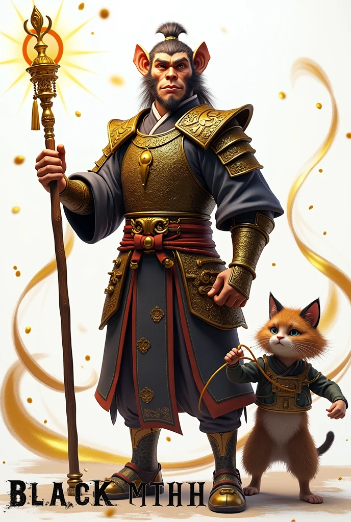 letter "black myth" written in large letters at the bottom of the screen, Full body view, ((masterpiece, best quality, Highest image quality, high resolution, Reality, RAW photos, 8K)), ((Extremely detailed CG unified 8k wallpaper)), (Sun Wukong holding a golden staff), Wearing ancient Chinese armor，Anthropomorphic cat man waving a golden clothesline, (Simple background, White background:1.3),