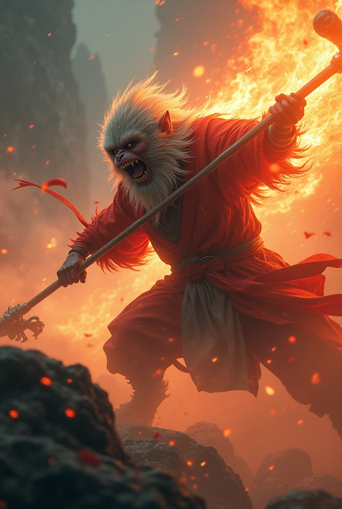 [4k], [detailed_sharp] Produce a very detailed and atmospheric view of the magic kerchief fighting with the god erlang. Sun Wukong has an otherworldly appearance, and in his hand swings a magic staff that emits fire, with sharp corners and dense with mist. The creature's face is a Chinese legendary monkey, with sharp corners and very angry towards his opponent, Sun Wukong is an invincible creature with any god