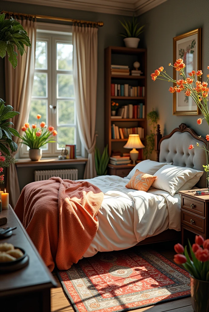 Beatuful room with flowers and tulips, books, pens,pensils, food,bed,night