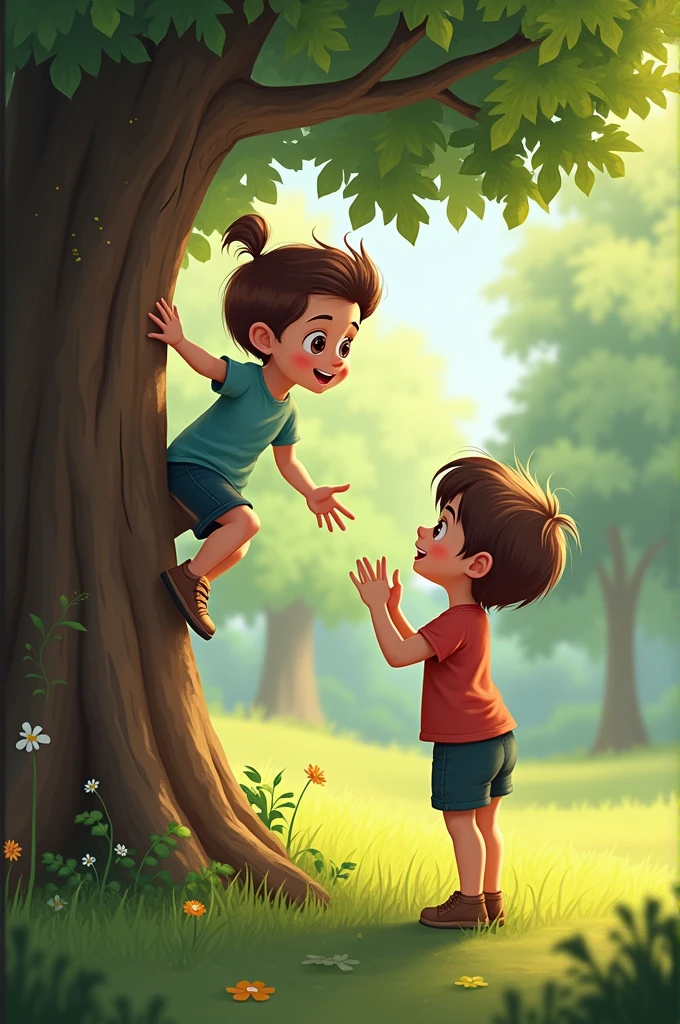 Visual Prompt: The friend who was in the tree climbs down and asks the other friend with a curious expression, “What did the bear say to you?”