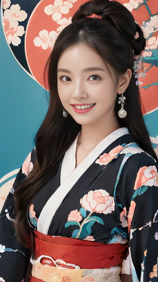 (SeaArt creates stunning illustrations of beautiful women in kimono)、Vividly colored Japanese Ukiyo-e style illustrations、A beautiful woman smiles and shows her upper white teeth、Brown-black long hair、Beautiful full body style、If you want to dance, let&#39;s dance, Tokyo Ondo, Yoi Yoi、Beautiful new digital paintings,、Bright vibrant digital anime art、 Beautiful anime portraits、background,Torii gate front of Japanese shrine、 Detailed digital anime art