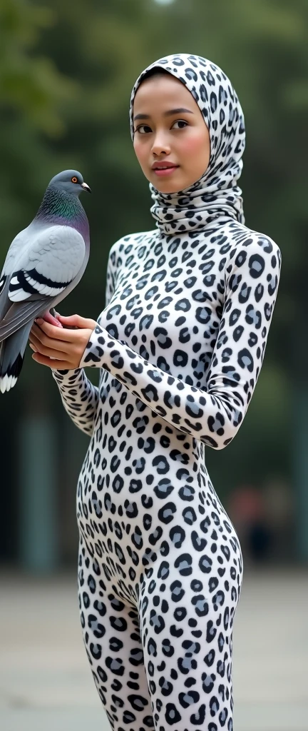 the beautiful,slender thin and clever Malaysian muslimah adult female girl with beautiful cheeks wears white leopard print lycra turtleneck unitard catsuit covered with seamless spotted patterns and always wear white leopard print lycra elastane stretchy dancewear hijab covered with seamless spotted patterns.She handles a pigeon on her arm.