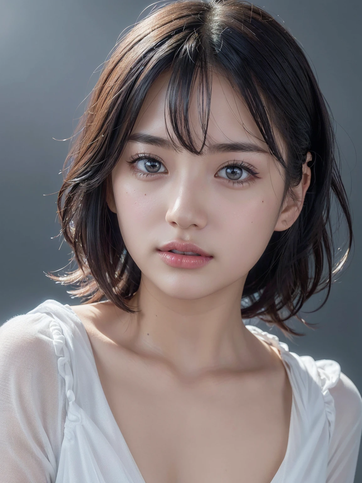 Random Pause, Mix 4, (8k, Original photo, Highest quality, masterpiece: 1.45), (Actual, Vibrant: 1.37), Skinny Japanese woman, One , charm, Gray background、 Professional Lighting, Photon Mapping, Radio City, Physically Based Rendering, Gradient black hair, Short Curly Hair, good looking, , (((The white dress is transparent..5))),Torn clothes、 High resolution, 1080P, (Beautiful Face), (Detailed facial depiction), (Detailed description of the hand), (Detailed CG), Extreme light and shadow, Messy Hair, Lots of details, (exquisite features), (Highest quality photos), (Beautiful Eyes), Look in front of you, Thin clavicle,