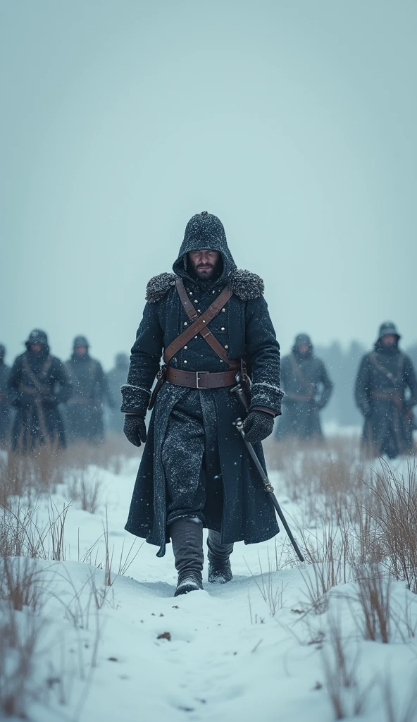 a man in a snowy field, winter landscape, snowstorm, freezing cold, -35 degrees Celsius, muted tones, historical military battle, soldiers in uniforms, napoleonic era, war scene, war with Russian Empire, cinematic lighting, dramatic composition, gritty texture, hyper-detailed, photorealistic, award winning digital art, concept art, dark and moody