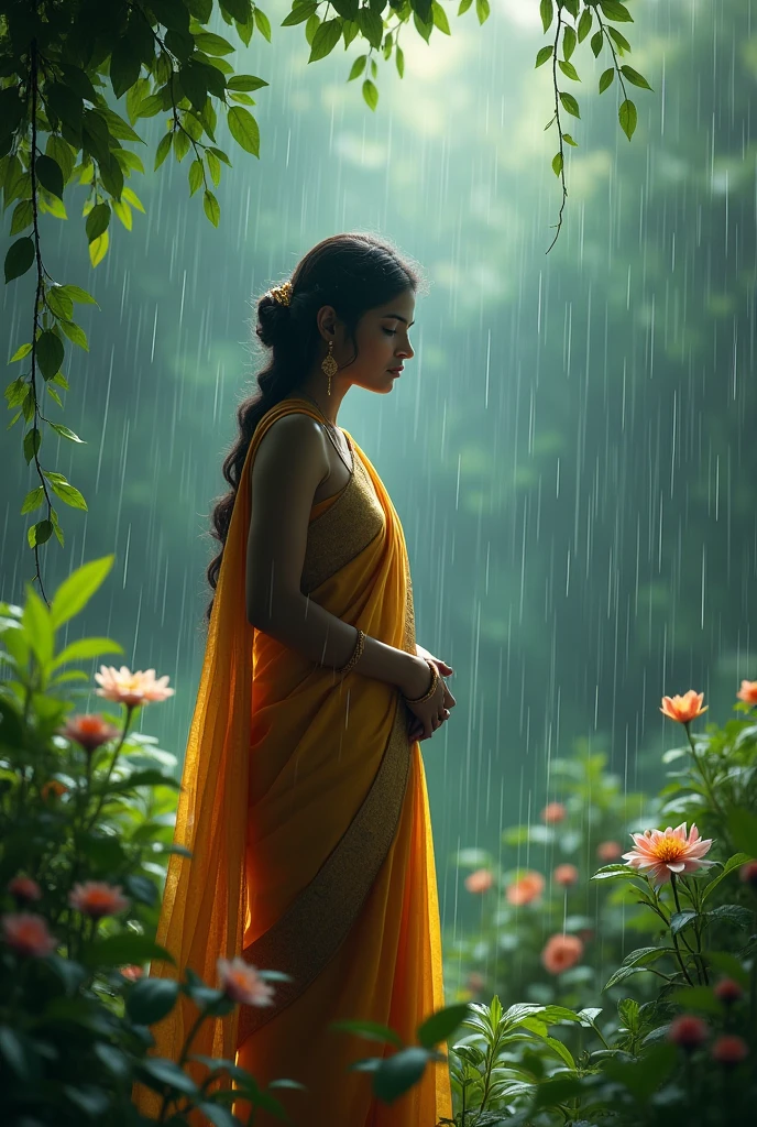 A Indian ledy stand in a garden back side photo with and rainfall