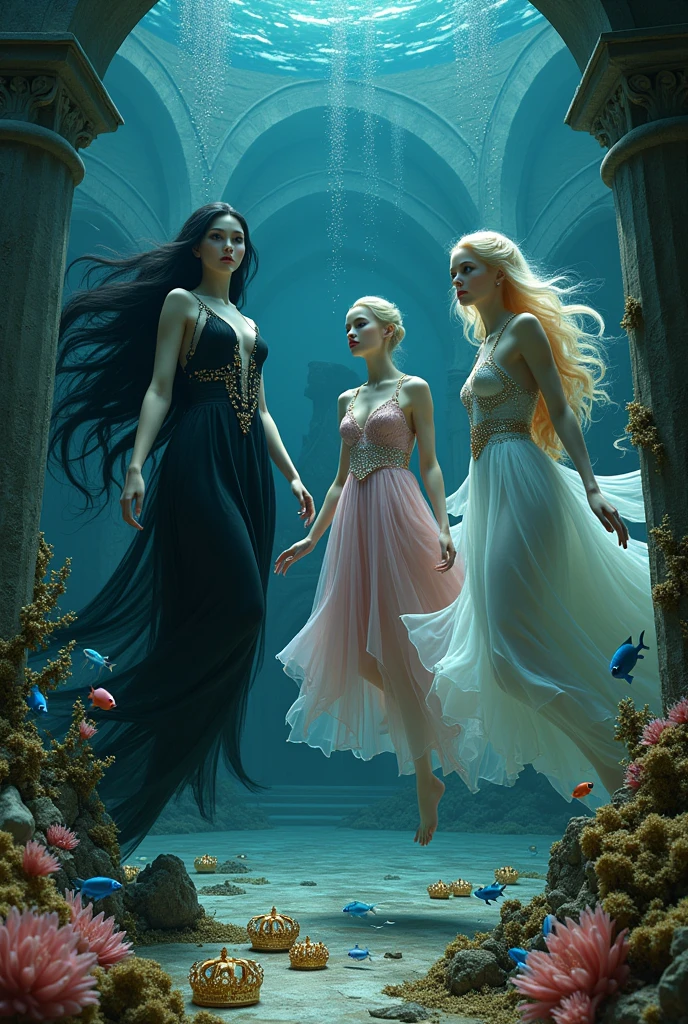 "A full-body shot of a (extra wide angle 1:1) portrait, in a dark deep sea (medieval ballroom very old) in an old gothic palace, under the sea. ((Super-big ballroom.)) 2 Pulchritudinous queens goddesses twin sisters, wearing their diamond pink crystal crown 1:1, and their 1 girlfriend, gorgeous blonde with perfect extra beautiful face, swimming around in the sea. Swimming down at the bottom with their feet up, swimming sideways. The queens have a big light-colored very finely detailed eyes, black super-long long hair. Their Exquisite girlfriend queen have an extra long hair, crown also big bright blue finely detailed eyes.Their wearing black dresses. Pale pink, white, black with gold and diamond dresses. Dresses in many layered lace and chiffon riven apart and wet ( perfect hands, five fingers on each hand.) Small breasts cleavage, (hyper realistic perfect eyes 1:3). Face with Pale perfect detailed skin. Hyper detailed skin on body. Queens surrounded by Perished under-water palace 1:1 On the bottom of the sea are golden crowns, adorned with pink crystals 1:1. Bright colored blue, pink, orange, green fishes swimming around. Pink Corals. Sea moss. Octopus. Treasure chest with gold and jewelry in it. The scene a beautiful empresses swimming ghostly, their super long 1:1 hair flowing all around. Sad. Scared(Best Quality Detailed faces)1:1. A medieval fairytale vibe, with a big black intricate throne in a corner at the bottom with sea moss on it. In a fantastic scene that uses 3D Surreal 3D model. Big gold gothic medieval five armed on the seafloor, surrounded by crystal wine glasses—one tipped over and broken. The entire setup is masterpiece 1:3, capturing the essence of a queens trapped under Dark deep sea 8K. 