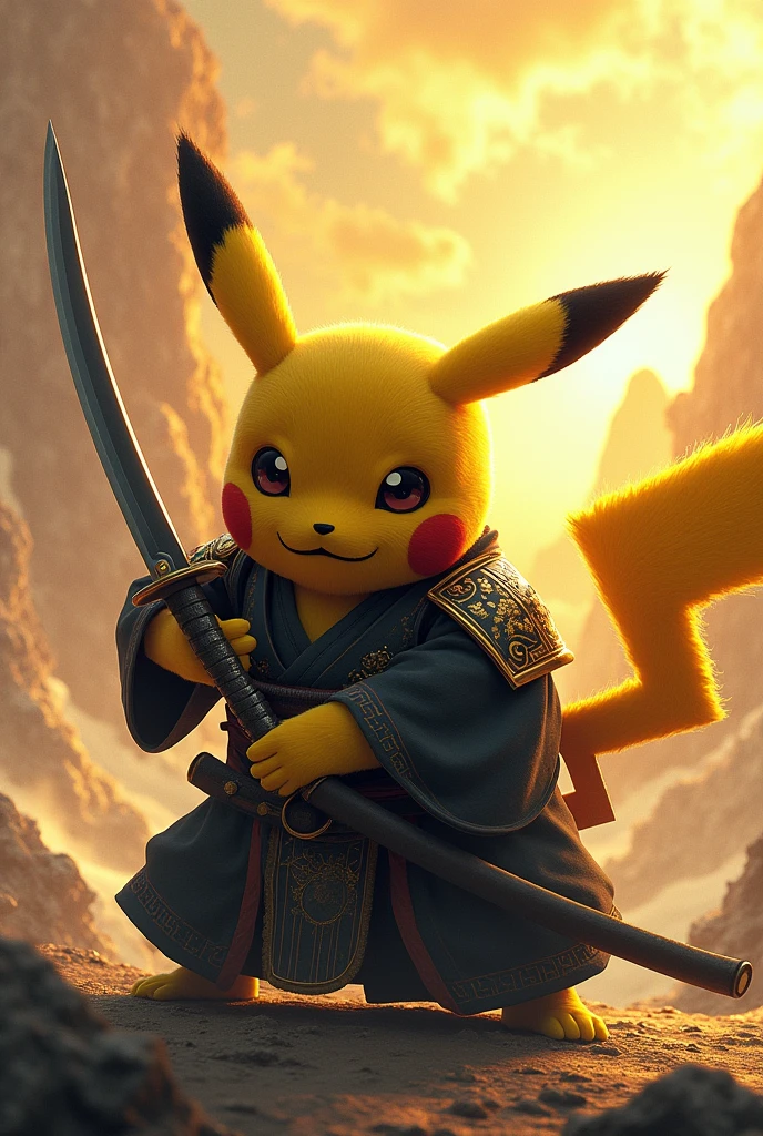 Create an image of a kneeling humanoid Pikachu, 握住warrior刀并将其举起, Let him become an adult, warrior