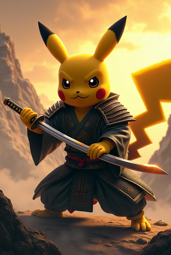 Create an image of a kneeling humanoid Pikachu, 握住warrior刀并将其举起, Let him become an adult, warrior