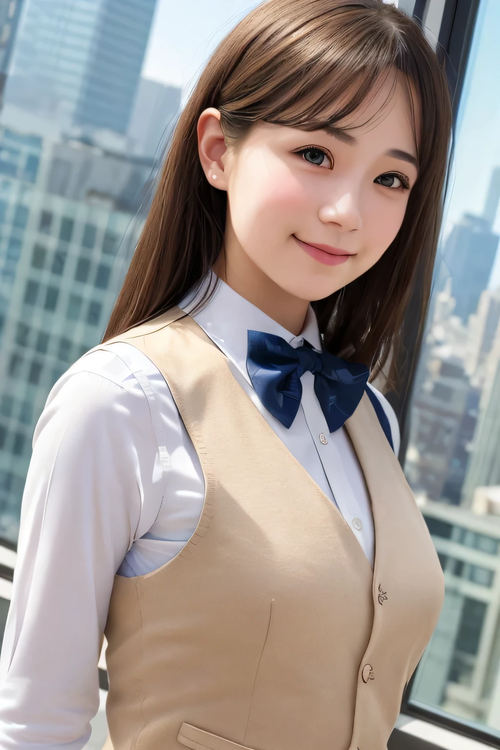 1girl, matured female, vest, bow, photo, realistic, best quality, hires, detailed face, office, buildings from window, detailed background, diffused sunlight, depth of field, bokeh
