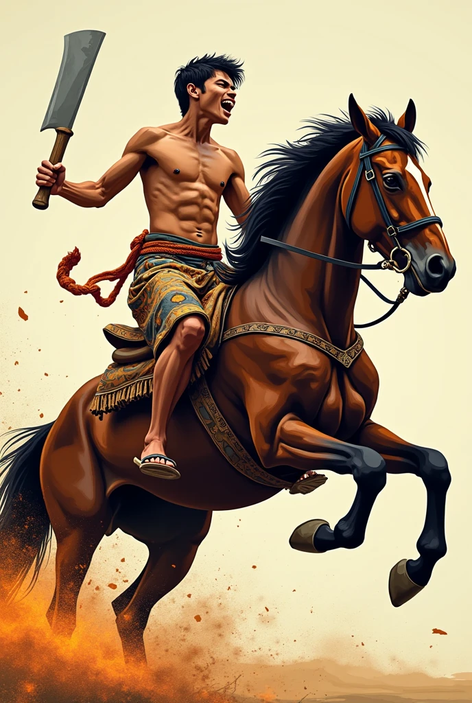 vector illustration, a young man riding a horse while holding a machete; the machete is a typical tool of eastern Indonesian society. The man was wearing a patterned sarong like a village person's sarong and the man was not wearing clothes, and this man was shouting. The position of the horse is also raising its two front legs, this horse looks graceful and mighty. and the drawings on this man and horse have the effect of streaks of fire.