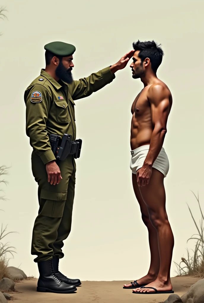 Strong, bearded young Bolivian soldier, in Army olive green camouflage combat uniform, with a beret on his head and boots on his feet, saluting a strong, bearded Bolivian man in white underwear and flip-flops.