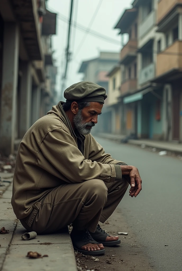 generate a poor man picture sitting on foothpath and has no job