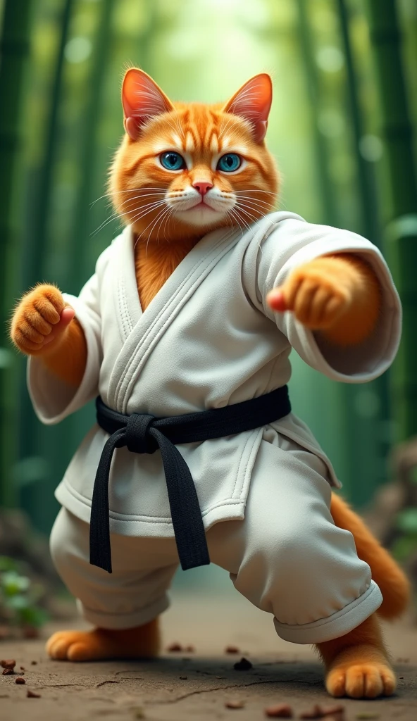 Make a picture of a fat obese orange cat, blue eyes, wear karate clothes, is doing a punching motion facing the camera, with a green bamboo tree background, full body, wide, super realistic 8k images