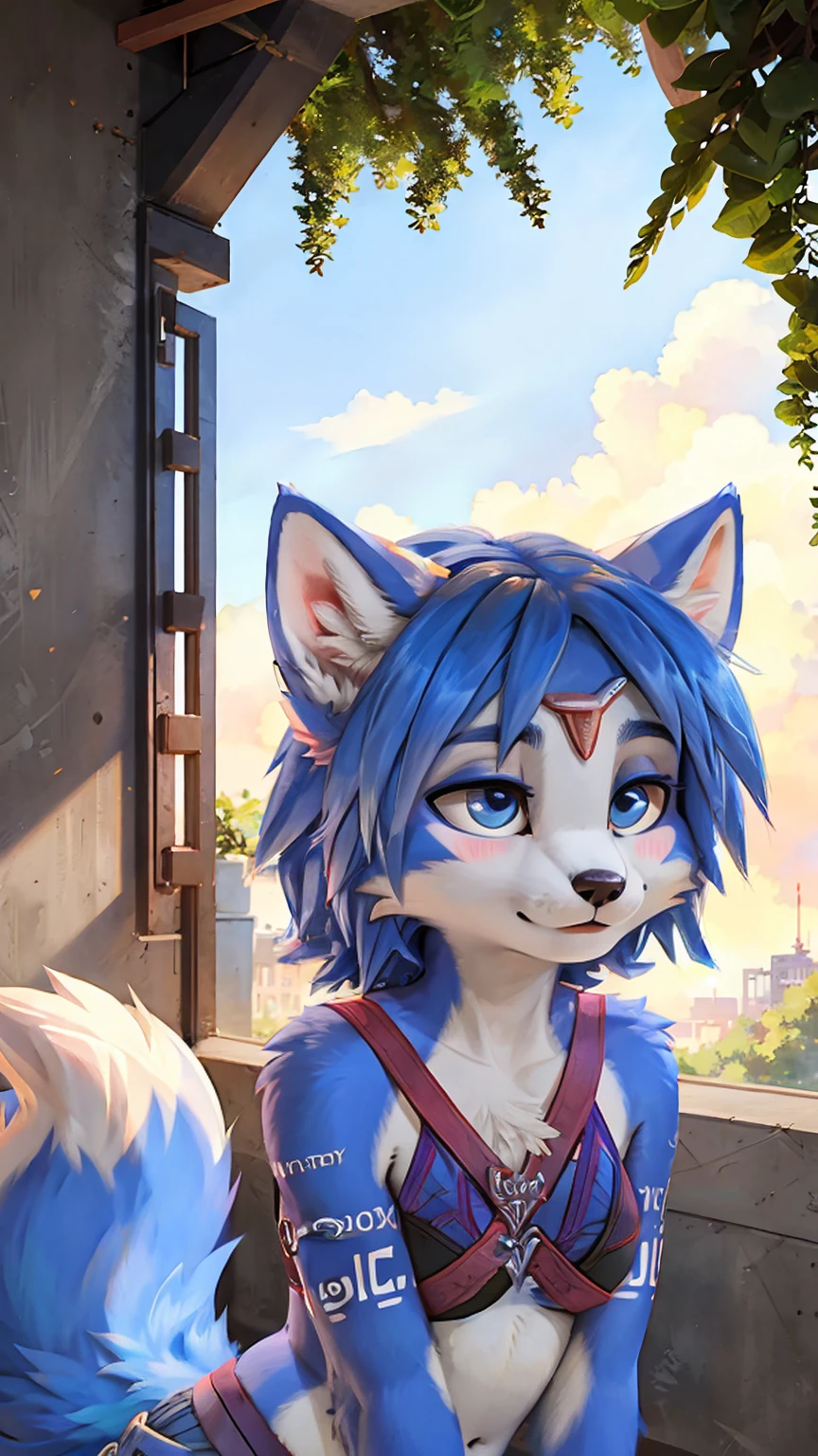 A beautiful and detailed (cute portrait) wa ((krystal)), Star Fox krystal, sslim, lovable, green eyes, medium breasts, (((Long blue hair 1.3))), Decollete, anthro, furry, Uploaded E621, detailed fluffy fur, (wa Fluff-Kevlar, Bayard Wu, Pino Daeni), detailed face, (fluffy), 1 girl, alone, sweet girl, hole body,