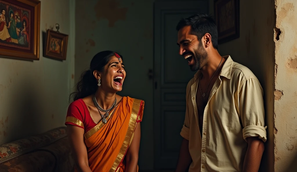 An Indian woman is crying loudly and her husband is laughing at her