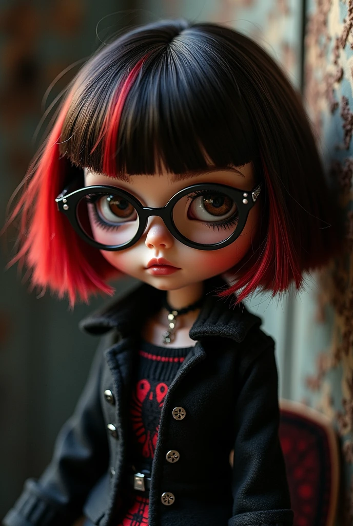 Blythe doll pele morena, short dark brown hair with red highlights, round glasses , gothic