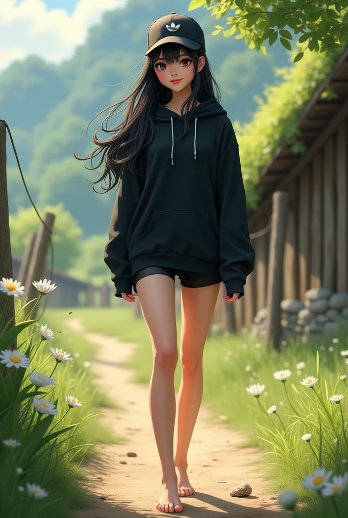 (photorealism:1.2), beautiful girl, long black hair, black eyes, barefoot, wear black adidas cap, wear black adidas hood, wear black adidas short hot pants, background is countryside, stepped in poop