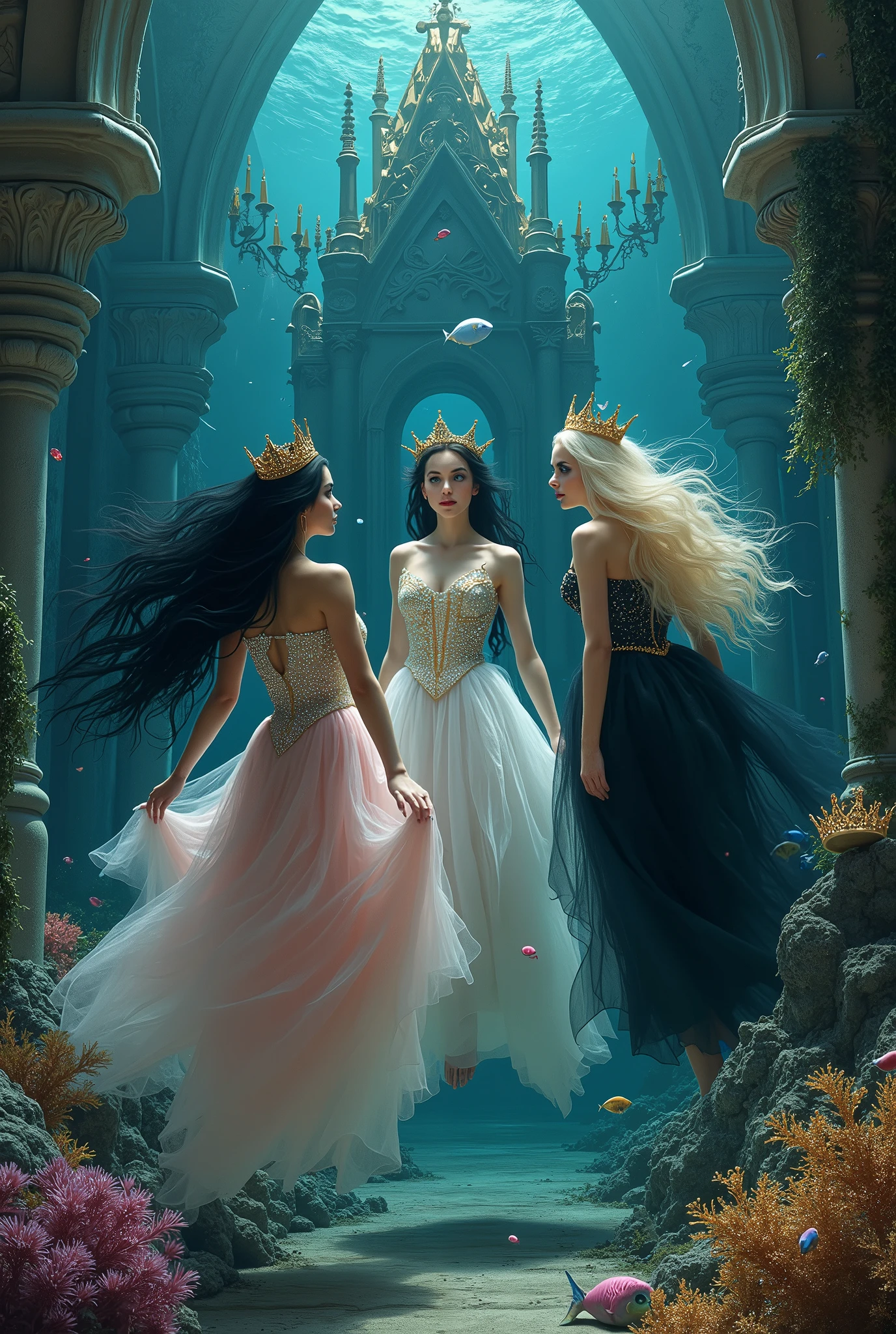 "A full-body shot of a (extra wide angle 1:1) portrait, in a dark deep sea (medieval ballroom very old) in an old gothic palace, under the sea. ((Super-big ballroom.)) 2 Pulchritudinous queens goddesses twin sisters wearing their diamond pink crystal crown and their 1 girlfriend, gorgeous blonde with perfect extra beautiful face, swimming around in the sea. Swimming down at the bottom with their feet up, swimming sideways. The queens have a big light-colored very finely detailed eyes, black super-long long hair. Their Exquisite girlfriend have an extra long hair also big bright blue finely detailed eyes.Their wearing black dresses. Pale pink, white, black with gold and diamond dresses. Dresses in many layered lace and chiffon riven apart and wet ( perfect hands, five fingers on each hand.) Small breasts cleavage, (hyper realistic perfect eyes 1:3). Face with Pale perfect detailed skin. Hyper detailed skin on body. Queens surrounded by Perished under-water palace 1:1 On the bottom of the sea are golden crowns, adorned with pink crystals 1:1. Bright colored blue, pink, orange, green fishes swimming around. Pink Corals. Sea moss. Octopus. Treasure chest with gold and jewelry in it. The scene a beautiful empresses swimming ghostly, their super long 1:1 hair flowing all around. Sad. Scared(Best Quality Detailed faces)1:1. A medieval fairytale vibe, with a big black intricate throne in a corner at the bottom with sea moss on it, a broken medieval chandelier with few broken ((candles unlit)), with no flames flickering in the underwater environment. On the seafloor, a large five-arm medieval-style candelabrum stands, its candles unlit, with no flames flickering in the underwater environment. In a fantastic scene that uses 3D Surreal 3D model. Big gold gothic medieval five armed on the seafloor, surrounded by crystal wine glasses—one tipped over and broken. The entire setup is masterpiece 1:3, capturing the essence of a queens trapped under Dark deep sea 8K.