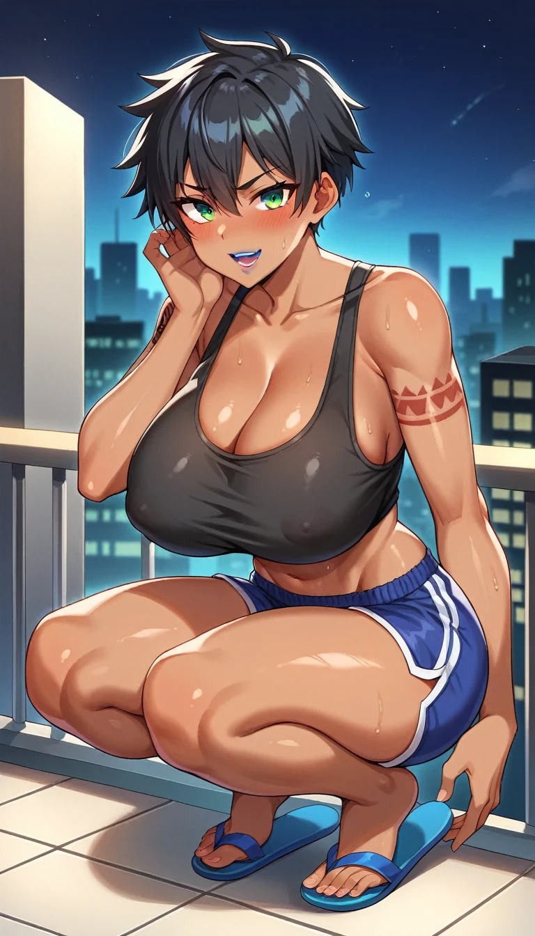 1girl, shiny skin, speedlines, perfect face, intricate details, score_9, score_8_up, score_7_up, rating_explicit, source_anime, Colored, Tomboy, Dark-skinned female, messy short hair, shiny black hair, glowing green eyes, heavy blush, massive breasts, Hourglass figure, Athletic body, Slim-fit body, city area, balcony, at night, blue lipstick, arm tattoo, track shorts, black midriff tank top, flip flops, squatting, sexy pose, illicit pose, provocative pose