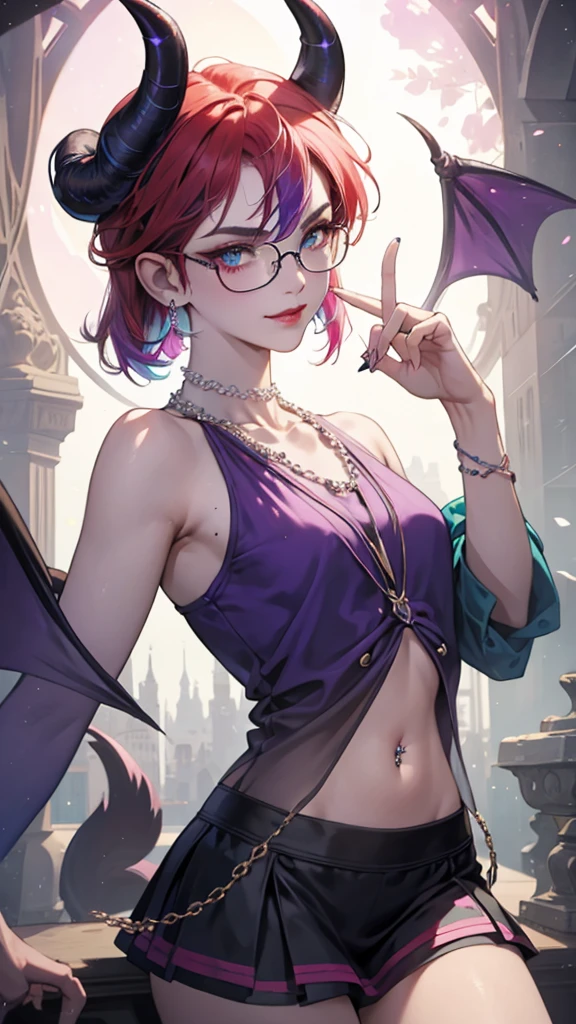 8k, masterpiece, best quality, highly detailed, 1 girl, tiefling, warlock, pixie cut, multicolored hair, very short straight hair red highlight hair on white hair, strippled hair, wearing glasses, round glasses, earrings, navel piercing, red eyeshadow, long eyelashes, blushed cheek, red lips, pearl necklace, rings, collarbone, mole on face, glamorous, teal and purple clothes, sleeveless, miniskirt, smirk, close up view, rings, looking at viewer, demon horns, solo, starry sky, pale blue moon, standing, boxing stance, demonic arms, chains on the background.