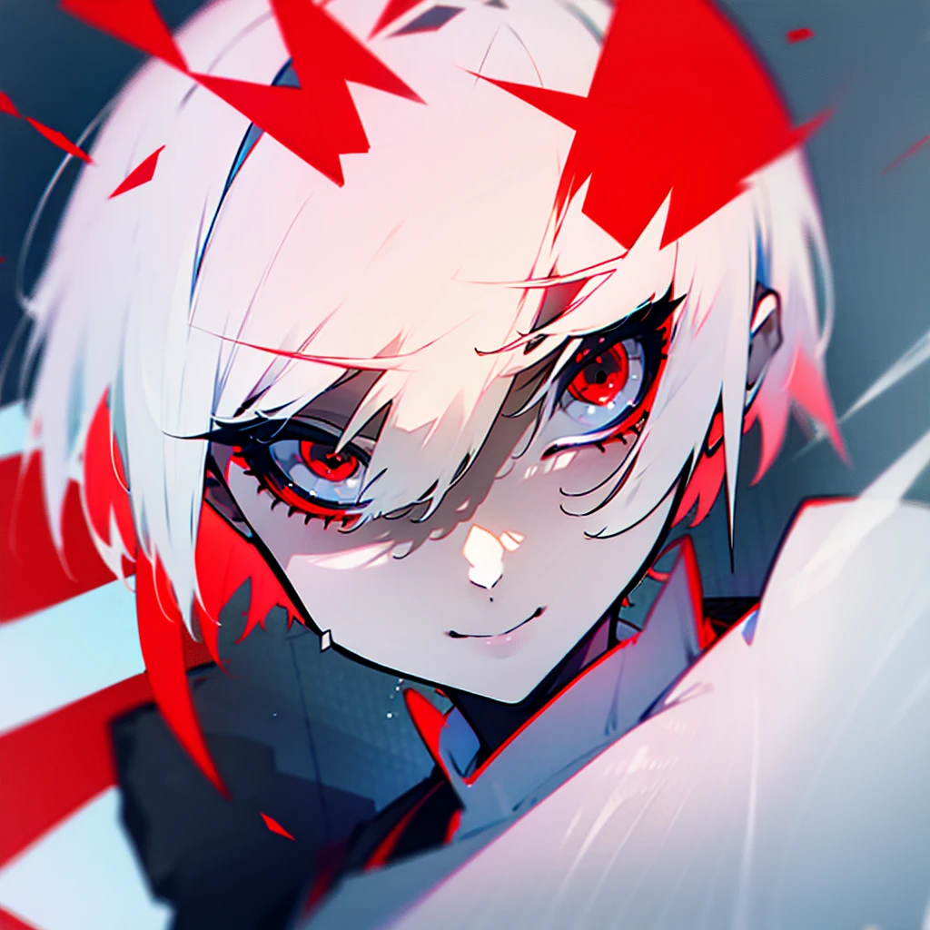 White hair red eyes short hair, smile, eyes close