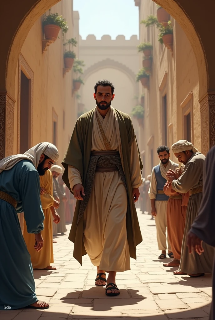 
Man walking down street with others bowing to him in the background in an alley another man standing looking down street Middle Persia 