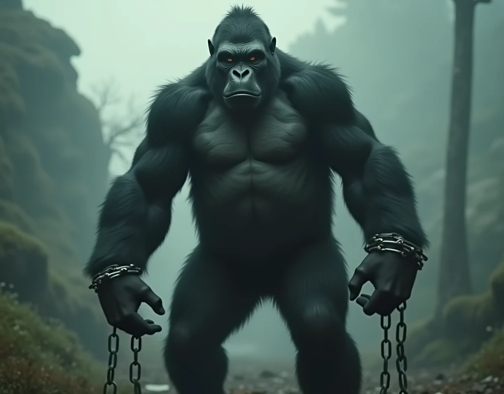 desertion、King Kong、Broken chain、((motion-blur:1.5, Broken Chain in foreground:1.5)), blurred foreground, (focus on King Kong:1.3), broken chains hang from King Kong's wrists